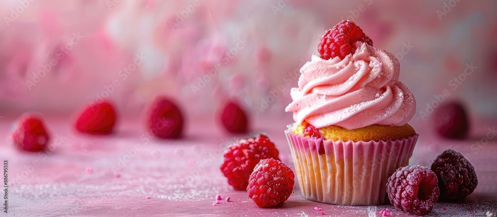 Poster raspberry cupcake on the table, with a close-up view, ideal for designs with copy space image.