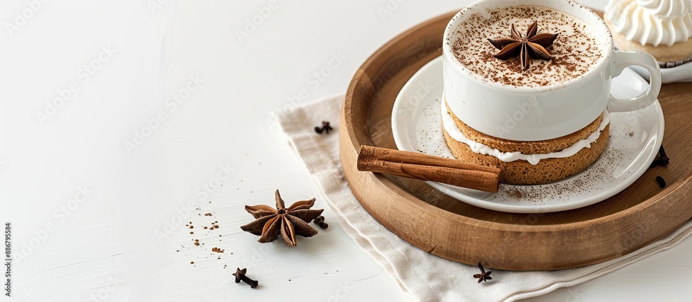 Poster a cup of coffee rests on a tray next to a cake with cinnamon and anise, set against a white backgrou