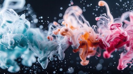 Obraz premium This image highlights dynamic colorful ink swirls with sparkling droplets, creating a vibrant and lively abstract visual that highlights the interaction of colors and textures through fluid motion.