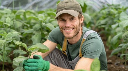 Gardener smiling proudly while tending to plants in a beautiful garden representing nature, hard work, and the joy of gardening Portrait, Realistic Photo, High resolution, Half-body picture, ,