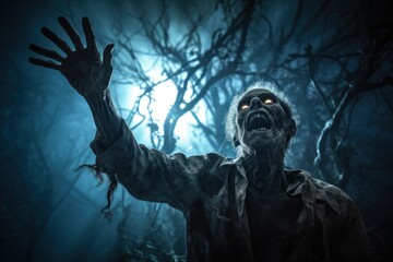 Obraz premium A terrifying undead zombie reaches out in an abandoned graveyard under the moonlight. Blue