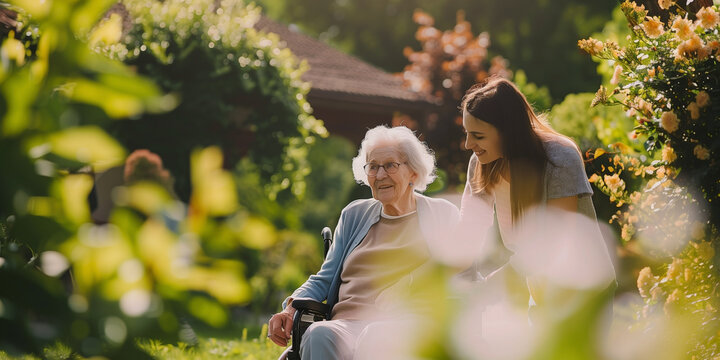 Elderly woman in wheelchair with young woman in garden. Celebrating the beauty of intergenerational relationships in nature. Shared experiences of different ages.