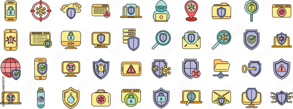 Poster antivirus icons set outline vector. malware bug. cyber data thin line color flat on white