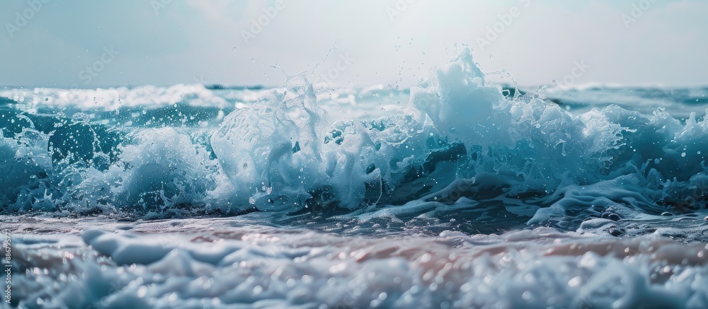 Poster the ocean waves crashing along the shore, complete with a stunning horizon and a copy space image.
