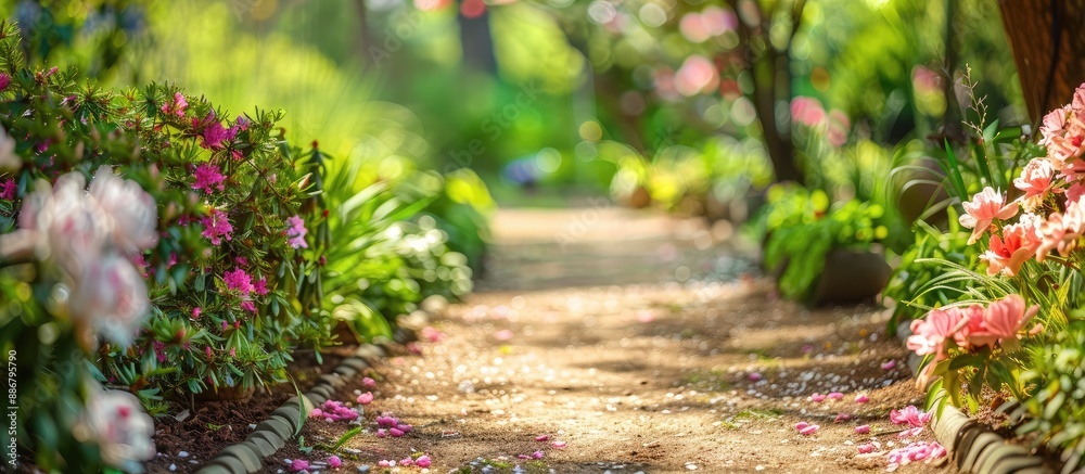 Poster enjoy a tranquil garden walk amidst blooming flowers with a relaxing natural backdrop, featuring a s