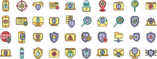 Antivirus icons set outline vector. Malware bug. Cyber data thin line color flat on white