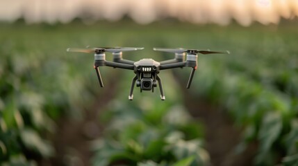 A drone flying low over a green crop field with the background softly blurred, capturing the detailed view of the plants and the technology in modern agriculture.