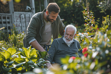 Young man helping elderly man in garden. Intergenerational bonding and outdoor activity. Shared experiences of different ages.