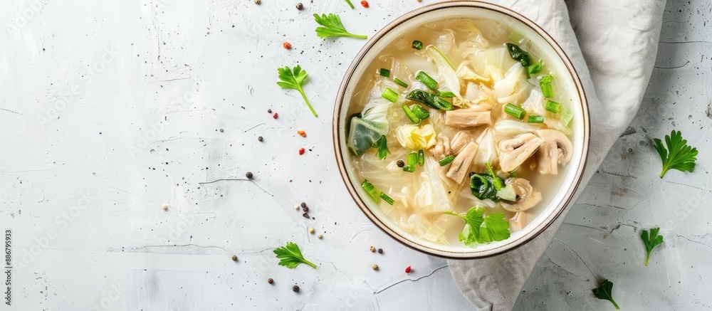 Poster A white table with a glossy surface displays a bowl of cabbage and shiitake mushroom soup, with ample copy space image.