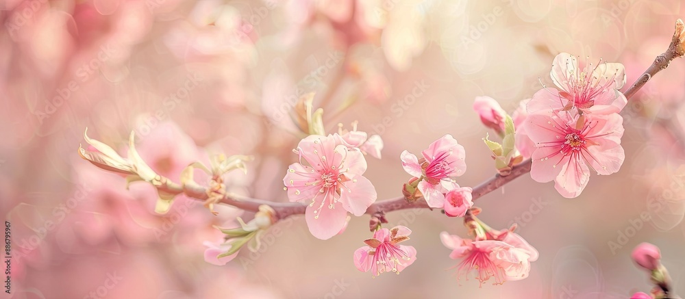 Aufkleber A dreamy romantic spring image: a blooming peach tree branch in soft pink tones against a natural background with copy space image.