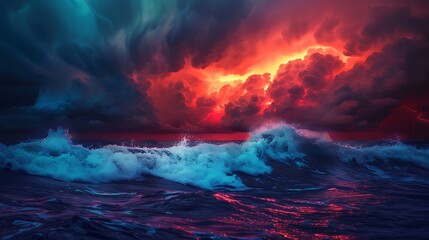 Fototapeta premium Colorful dark ocean storm with red and orange lightning, dramatic waves in a gradient night sky