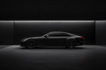 Black sports car in a dark garage, showcasing its sleek design and powerful presence.