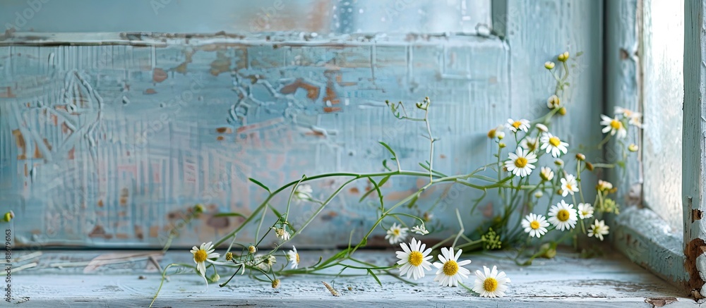 Poster A bunch of daisies and bindweed displayed on a vintage windowsill with copy space image.