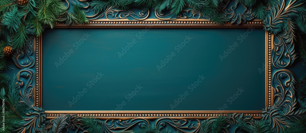 Aufkleber Top-down angle of a wooden frame crafted from fir tree on vibrant backdrop featuring copy space image, embodying the spirit of Christmas.