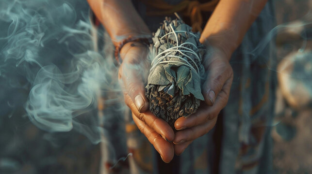 Smudging, female hands burning dry sage leaves bundle close up