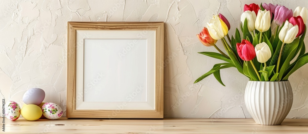 Leinwandbilder tulip flowers and easter eggs displayed on a wooden table against a light wall with an empty picture