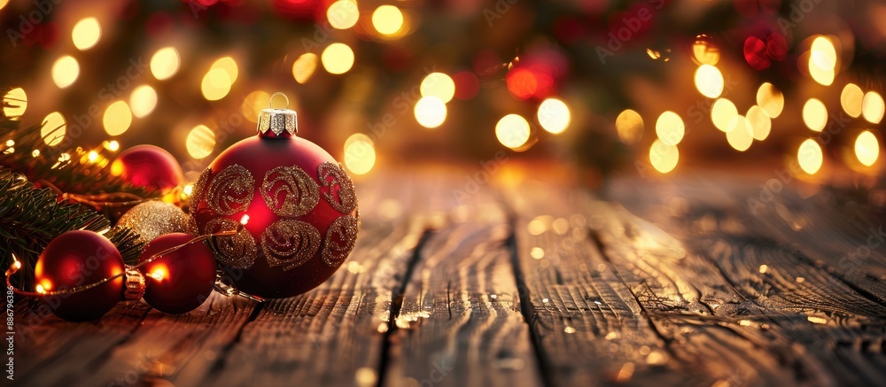 Poster festive christmas ornaments with glowing lights displayed on a rustic wooden surface, with room for 