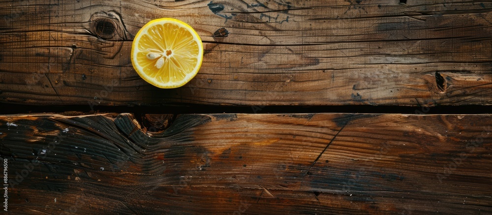 Poster dark wood table with copy space image showcasing a half lemon.
