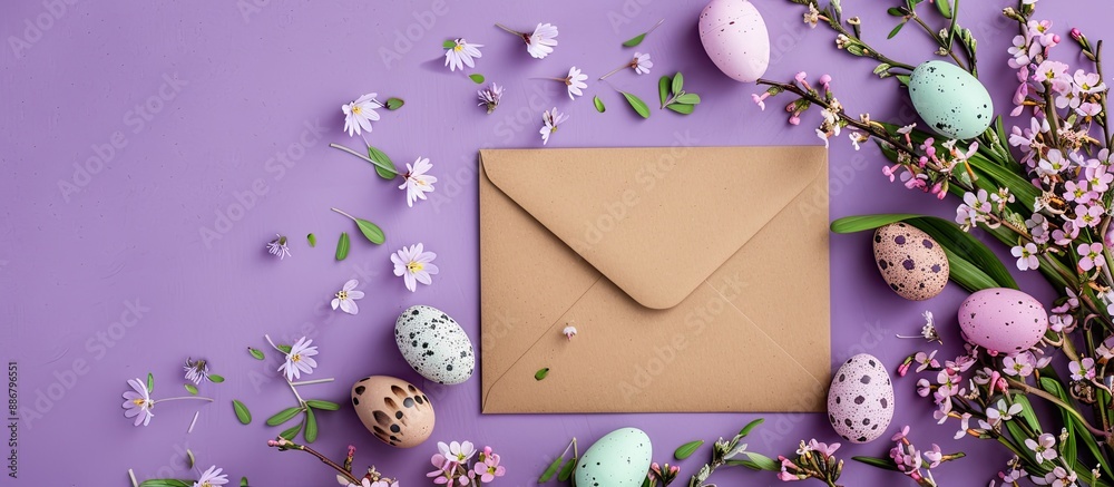Poster purple background with easter decor - a kraft envelope surrounded by eggs, ideal for an easter-theme
