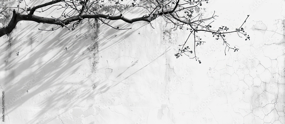 Poster Monochrome tonal composition on white concrete wall texture with abstract tree branch shadows, ideal as a background with copy space image.