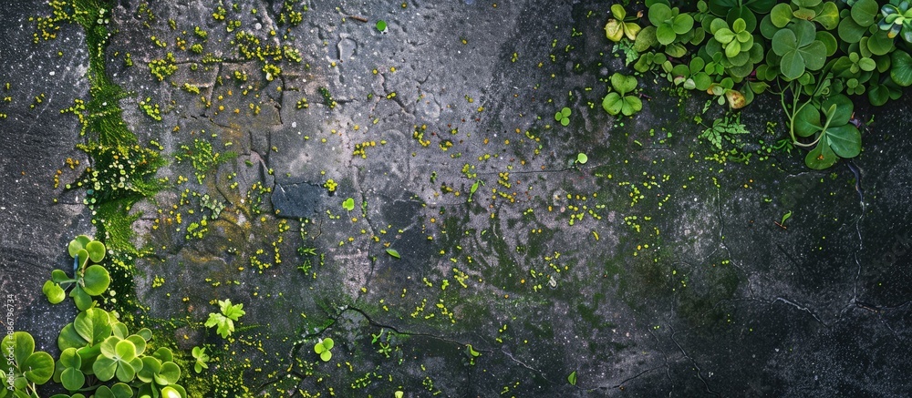 Aufkleber green algae thriving on the garden floor pavement, with plants sprouting on concrete, creating an id