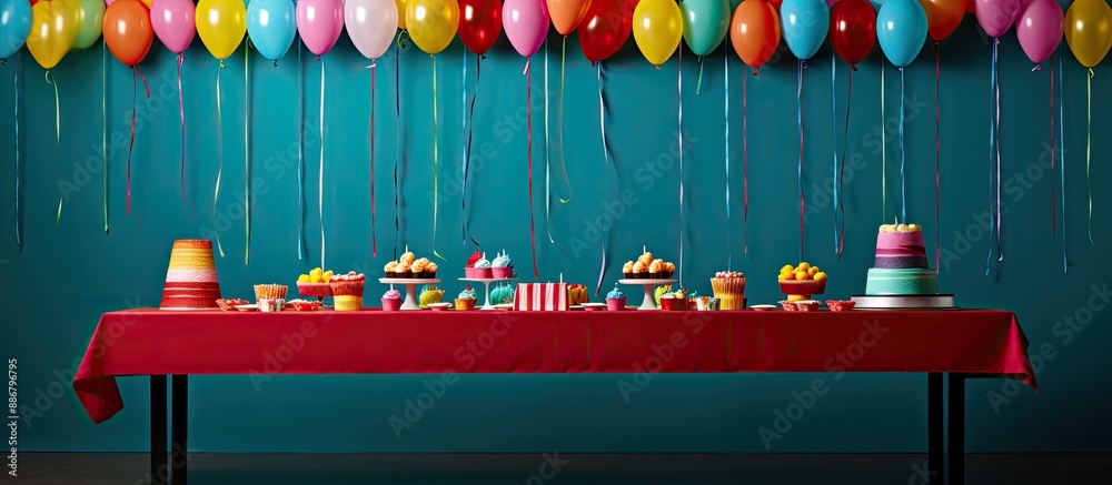 Aufkleber Table set up with colorful streamers, cupcakes, and a blank area suitable for adding an image.