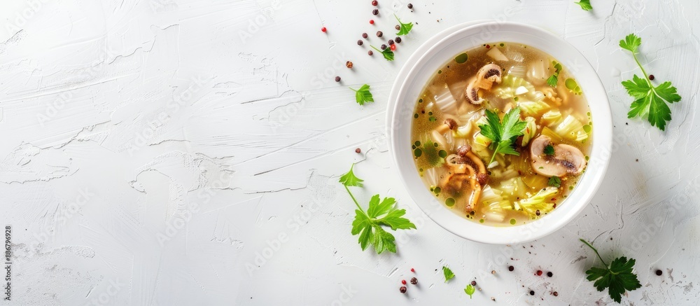 Poster A white table with a glossy surface displays a bowl of cabbage and shiitake mushroom soup, with ample copy space image.