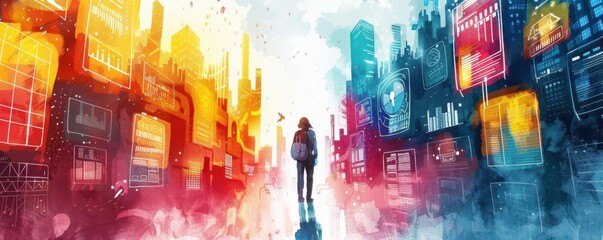 A solitary figure walks through a colorful, abstract city landscape.