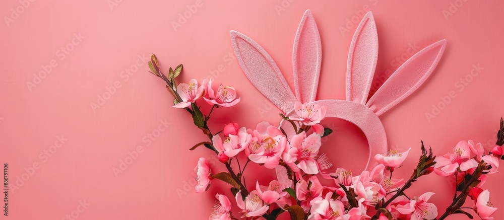 Poster pink paper rabbit ears and a round bouquet of fresh cherry or apple blossoms on a pink background cr