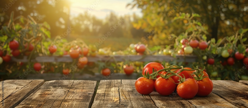 Aufkleber fresh red tomatoes placed on a wooden table with a backdrop of a wooden fence and trees, creating a 