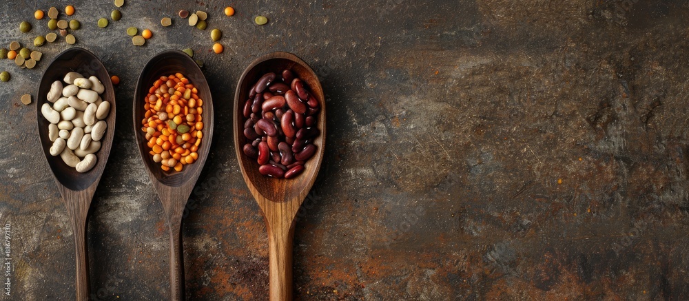 Poster rustic background featuring three wooden spoons filled with legumes, emphasizing an organic food con