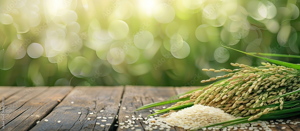 Poster selective focus with blurred background on a wooden table featuring rice and paddy, with space avail
