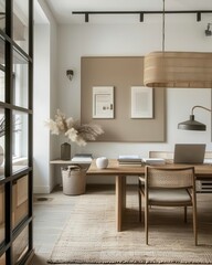 Fototapeta premium Minimalist home office with natural light and wooden furniture