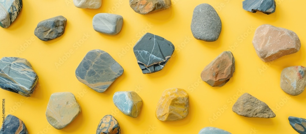 Poster minimalist composition of stones on a yellow background for product display, perfect for adding copy