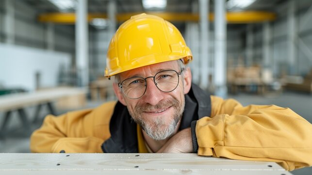 Carpenter smiling while working on a woodworking project in a workshop representing craftsmanship, skill, and dedication to trade Portrait, Realistic Photo, High resolution, Half-body picture, ,