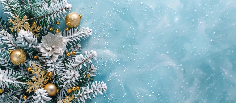 Leinwandbilder festive christmas background featuring a snowy fir tree adorned with golden and silver decorations o