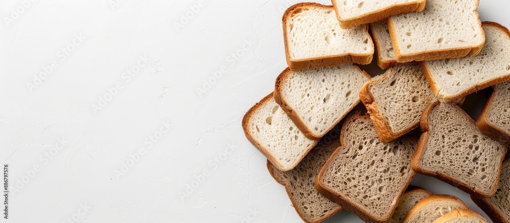 Poster White and gray bread slices displayed on a white surface with copy space image.