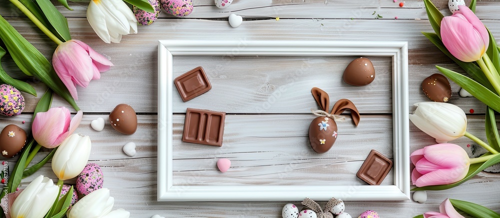 Poster an easter-themed composition featuring chocolate eggs, a bunny, tulips, and a white frame on a woode