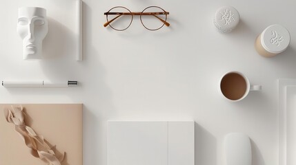 Minimalist workspace flat lay with coffee, glasses, and stationery on white background.