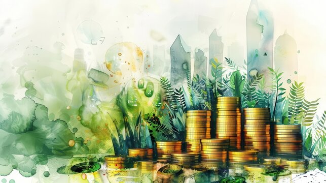 Abstract watercolor painting depicting stacks of gold coins with a cityscape backdrop, symbolizing wealth and prosperity.