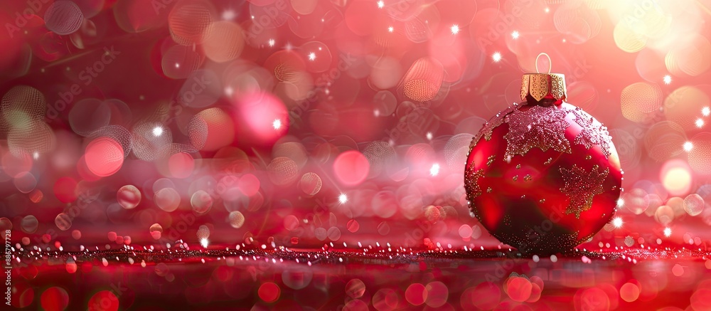 Poster A red Christmas ball on a bright abstract background creates a festive holiday atmosphere for a Christmas greeting card with a blurred effect, allowing room for additional elements in the image.