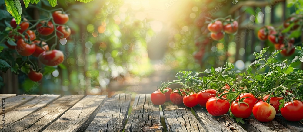 Aufkleber fresh red tomatoes placed on a wooden table with a backdrop of a wooden fence and trees, creating a 