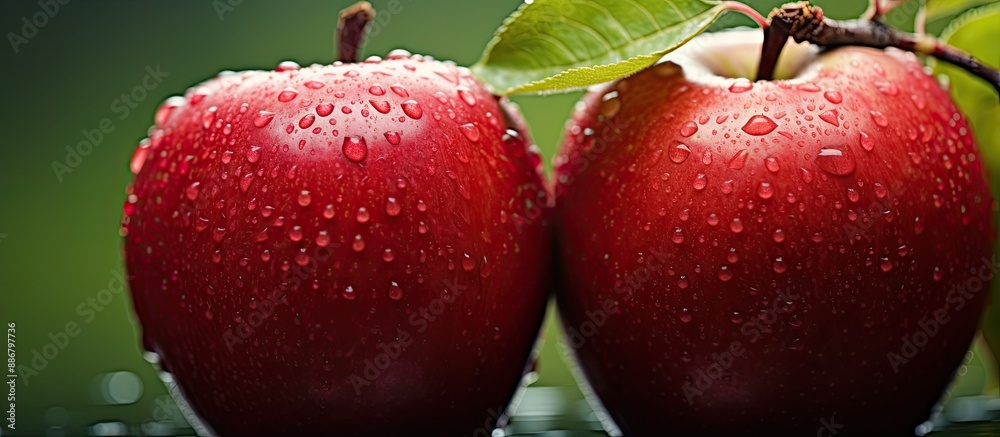 Poster Macro image of ripe red apples with water drops on a green background, featuring a shallow depth of field providing a focus on the apples with copy space.