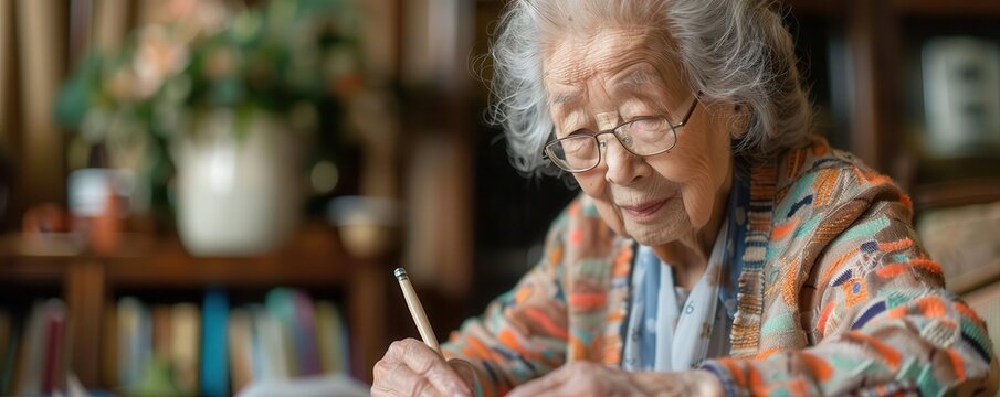 An elderly woman with glasses, focused on writing.