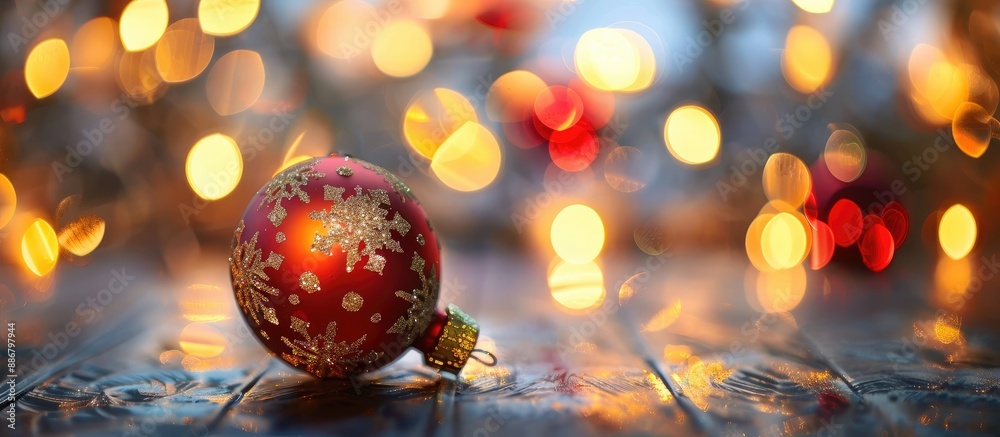 Poster Festive Christmas ball on table with blurred lights background, perfect for adding text in the copy space image.