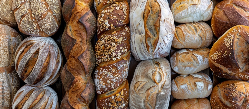 Poster Assorted bakery bread selection on display with a tempting crust in a collage-style image, featuring a close-up view and a designated space for text.