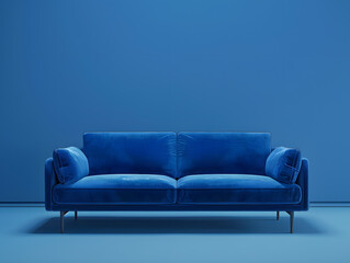 Blue luxury soft comfortable sofa on a blue plain background. Neural network AI generated art