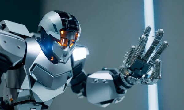 A robot with a helmet on its head. The robot is wearing a silver suit and has a black stripe on its chest