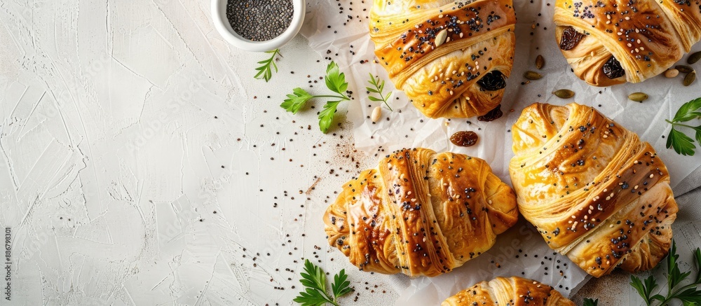 Poster Pastries filled with poppy seeds and raisins displayed on a white backdrop with copy space image.