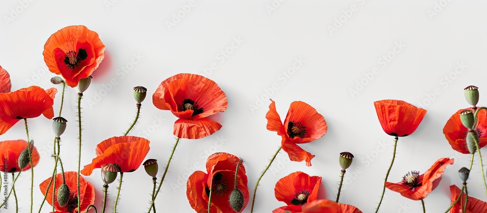 Poster red poppies, also known as common poppy, on a white backdrop providing room for text in a copy space